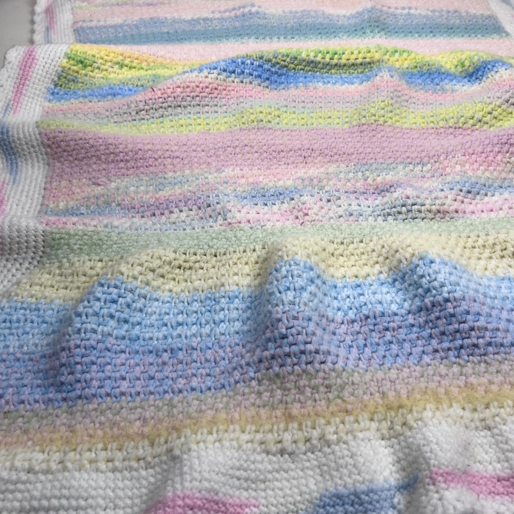 Vtg Pastel‎ Crochet Baby Blanket, Handmade Knit Stripes White Trim Soft READ - Picture 2 of 7
